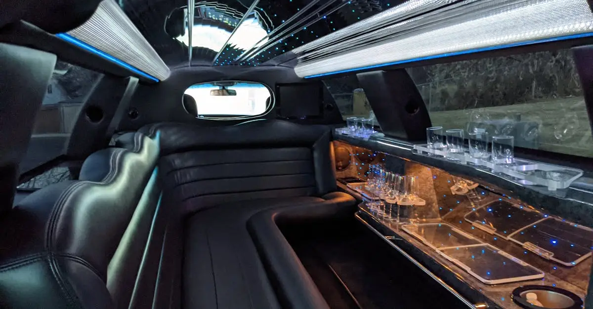 Explore the plush interior of a luxury limousine featuring ambient lighting and comfortable seating.